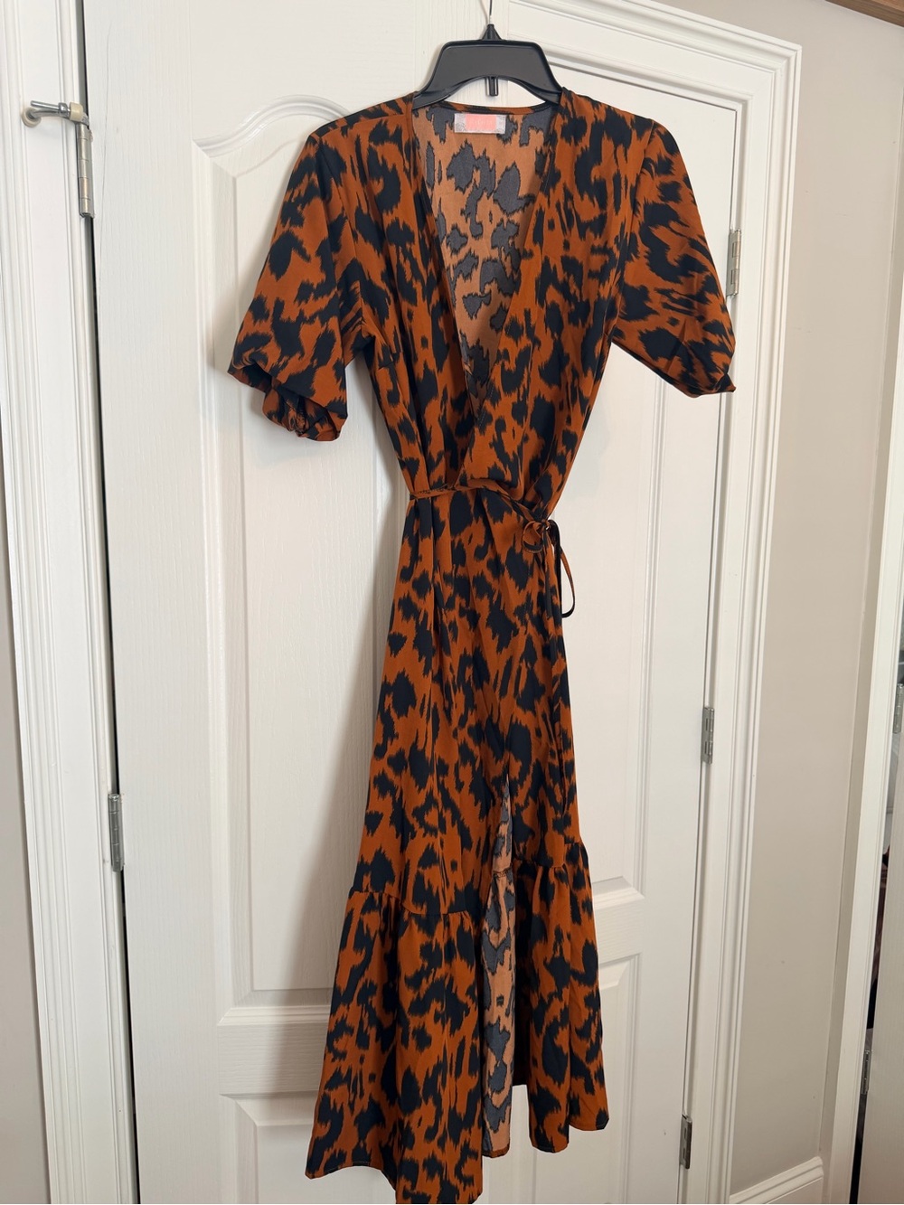 Rust/burnt orange and Black/navy Leopard Print Wrap Dress